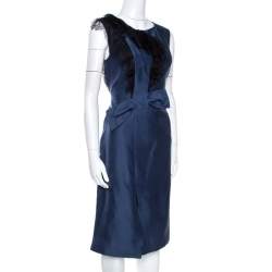 Pre Owned Valentino Navy Blue Lace Trim Ruffled Sheath Dress M