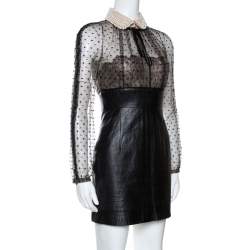 Pre Owned Valentino Black Leather Skirt Embellished Collar Detail Dress S