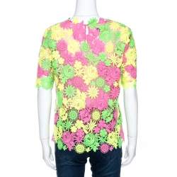 Pre Owned Valentino Multicolor Neon Floral Guipure Lace Top S