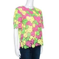 Pre Owned Valentino Multicolor Neon Floral Guipure Lace Top S