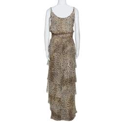 Pre Owned Valentino Boutique Vintage Beige Animal Print Tiered Maxi Dress L