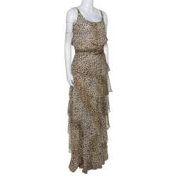 Pre Owned Valentino Boutique Vintage Beige Animal Print Tiered Maxi Dress L