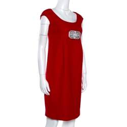 Valentino Red Textured Wool Bejewelled Sheath Dress M