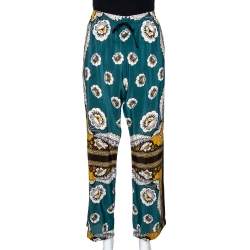 Pre Owned Valentino Green Floral Printed Silk Elasticised Waist Pants M 