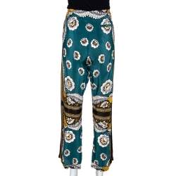 Pre Owned Valentino Green Floral Printed Silk Elasticised Waist Pants M 