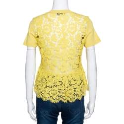 Pre Owned Valentino Yellow Knit & Lace Short Sleeve Top M 