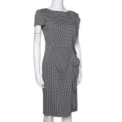 Pre Owned Valentino Black Houndstooth Print Wool Ruffle Trim Midi Dress S