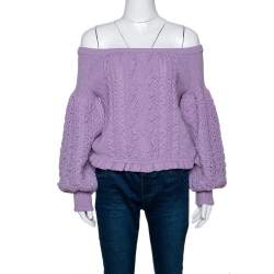Pre Owned Valentino Lilac Wool Aran Knit Off Shoulder Sweater L