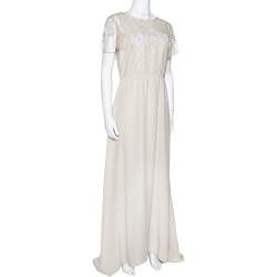 Pre Owned Valentino Beige Silk Floral Beaded Lace Yoke Gown L