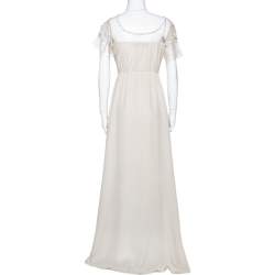 Pre Owned Valentino Beige Silk Floral Beaded Lace Yoke Gown L