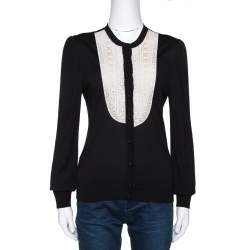Pre Owned Valentino Black Silk Wool Blend Embellished Yoke Cardigan L