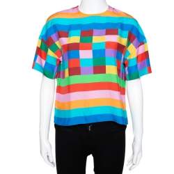 Pre Owned Valentino Multicolor Stripe & Check Print Silk Boxy Top S