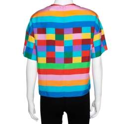 Pre Owned Valentino Multicolor Stripe & Check Print Silk Boxy Top S