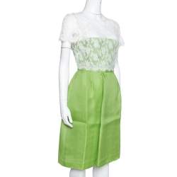 Pre Owned Valentino Lime Green Silk Contrast Lace Detail Sheath Dress L