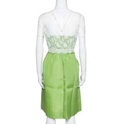 Pre Owned Valentino Lime Green Silk Contrast Lace Detail Sheath Dress L