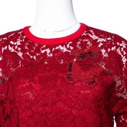 مملوكة مسبقًا Valentino Red Lace Butterfly Appliqued Sheath Dress S
