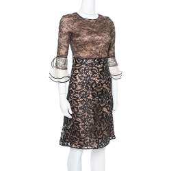 Pre Owned Valentino Black Lace Overlay Flute Sleeve Midi Dress S