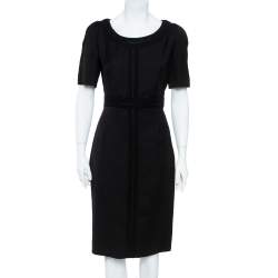 Pre Owned Valentino Black Silk Wool Tonal Lace Trim Sheath Dress L