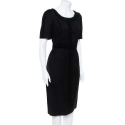 Pre Owned Valentino Black Silk Wool Tonal Lace Trim Sheath Dress L