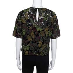 Pre Owned Valentino Green Butterfly Patterned Cotton Lace Cropped Top S