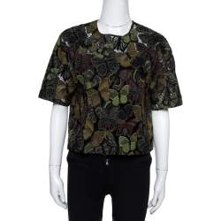 Pre Owned Valentino Green Butterfly Patterned Cotton Lace Cropped Top S