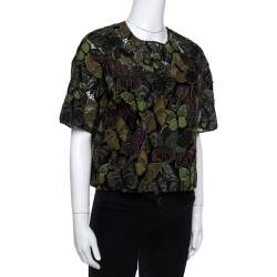 Pre Owned Valentino Green Butterfly Patterned Cotton Lace Cropped Top S