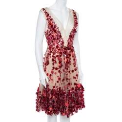 Pre Owned Valentino Cream & Red Paillette Embellished Tulle Dress M