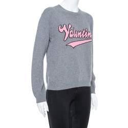 Pre Owned Valentino Grey Cashmere Blend Logo Intarsia Crewneck Sweater M