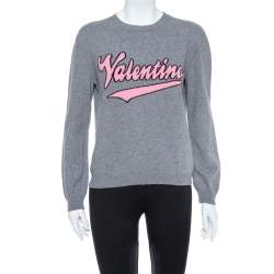 Pre Owned Valentino Grey Cashmere Blend Logo Intarsia Crewneck Sweater M