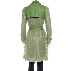Pre Owned Valentino Green Leather & Lace Belted Trench Coat M