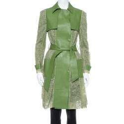 Pre Owned Valentino Green Leather & Lace Belted Trench Coat M