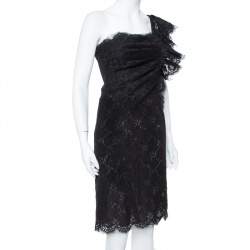 Pre Owned فستان فالنتينو قصير كتف واحد منفوش دانتيل أسود مقاس وسط (ميديوم)