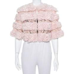 Pre Owned Valentino Light Pink Fur & Lace Roundneck Cropped Jacket S