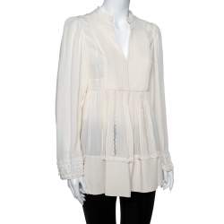 Pre Owned Valentino Cream Silk & Lace Pintuck Detail Tunic M