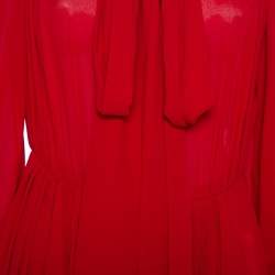 Pre Owned Valentino Red Silk Neck Tie Detail  Pleated Midi Dress S