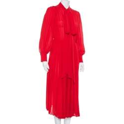 Pre Owned Valentino Red Silk Neck Tie Detail  Pleated Midi Dress S