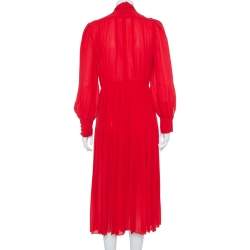 Pre Owned Valentino Red Silk Neck Tie Detail  Pleated Midi Dress S