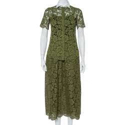 Pre Owned Valentino Green Lace Button Front Shirt & Midi Skirt Set S
