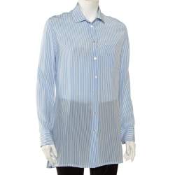 Pre Owned Valentino Blue Striped Silk Scoop Back Detail Button Front Shirt M