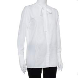 Pre Owned Valentino White Cotton Neck Tie Detail Lace Front Shirt M