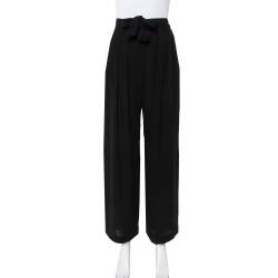 Pre Owned Valentino Black Silk Waist Tie Detail Belted Straight Leg Trousers M