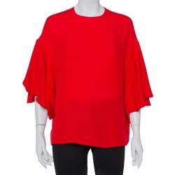 Pre Owned Valentino Red Silk Bell Sleeve Top M