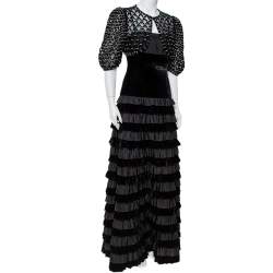 Pre Owned Valentino Black Velvet & Satin Embellished Cape Detail Ruffled Sleeveless Gown M