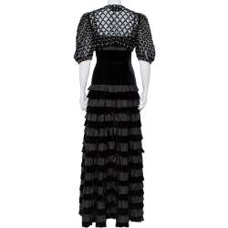 Pre Owned Valentino Black Velvet & Satin Embellished Cape Detail Ruffled Sleeveless Gown M