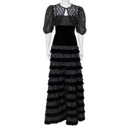 Pre Owned Valentino Black Velvet & Satin Embellished Cape Detail Ruffled Sleeveless Gown M