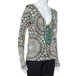 Pre Owned Valentino Multicolor Printed Knit Front Tie Detail Top L