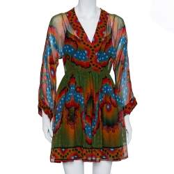 مملوكة مسبقًا Valentino Multicolor Volcano Printed Silk Faux Wrap Mini Dress S