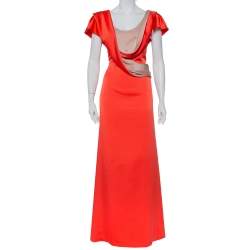 Pre Owned Valentino Orange Satin Draped Neck Detail Maxi Dress XL