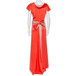 Pre Owned Valentino Orange Satin Draped Neck Detail Maxi Dress XL