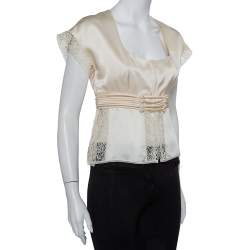 Pre Owned Valentino Vintage Cream Silk Satin & Lace Scoop Neck Top M